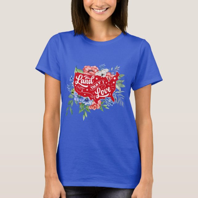 Röd vit och blå blommigt Land i Kärlek T-Shirt (Framsida)