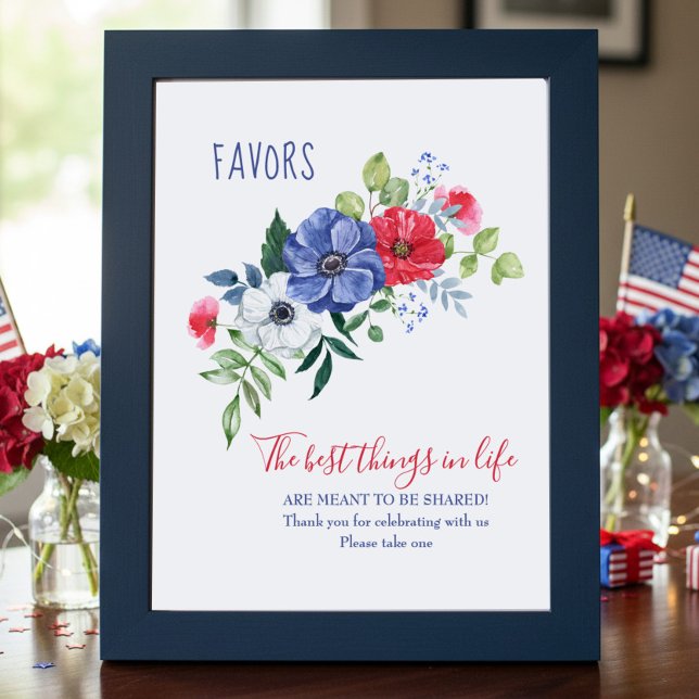 Röd vit och blå blomsterfavoritbordsskylt poster (Favor Table Sign with red white and blue floral bouquet - perfect for patriotic themed celebrations)