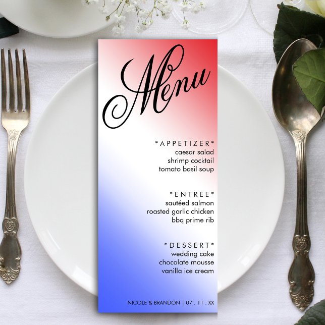 Röd vit och blå Elegant Skriptasbröllop Mottagning Meny (Red White & Blue Elegant Script Wedding Reception Menu)
