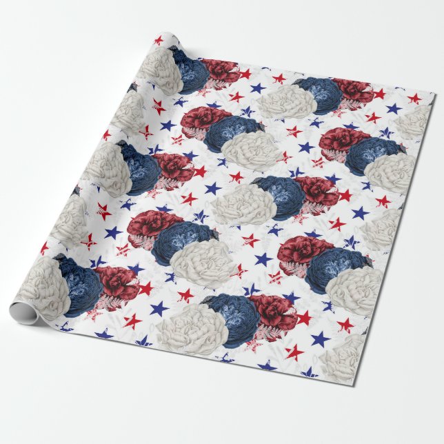 Röd vit och blå fjärde juli blomster presentpapper (Utrullad)