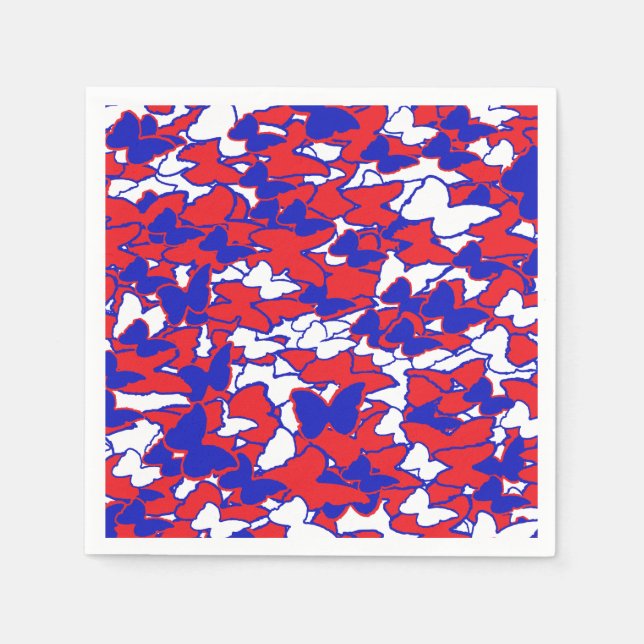 Röd, vit och blå fjärilsplatta för picknic pappersservett (Framsidan)