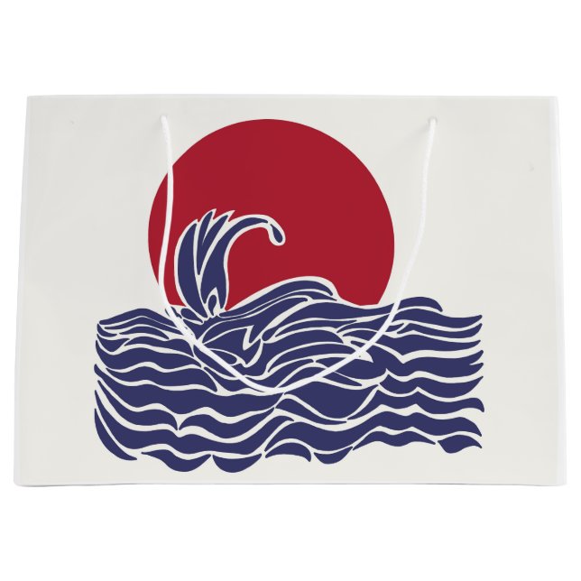 Röd, vit och blå havssolnedgång och vågar (Framsidan)