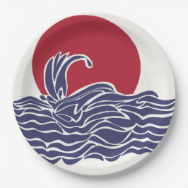 Röd, vit och blå havssolnedgång och vågar