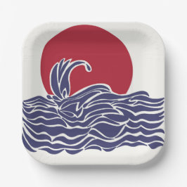 Röd, vit och blå havssolnedgång och vågar