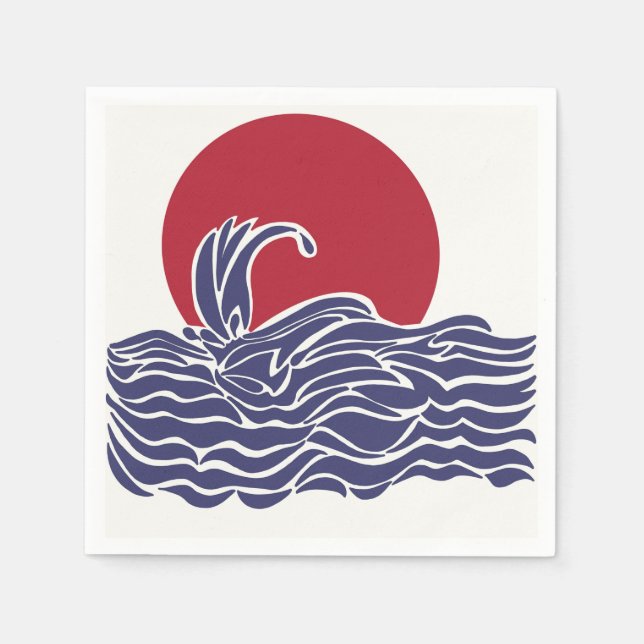 Röd, vit och blå havssolnedgång och vågar pappersservett (Framsidan)