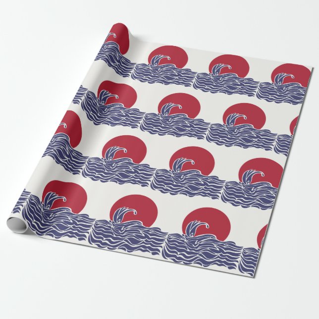Röd, vit och blå havssolnedgång och vågar presentpapper (Utrullad)