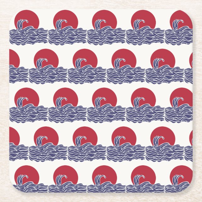 Röd, vit och blå havssolnedgång och vågar underlägg papper kvadrat (Framsidan)