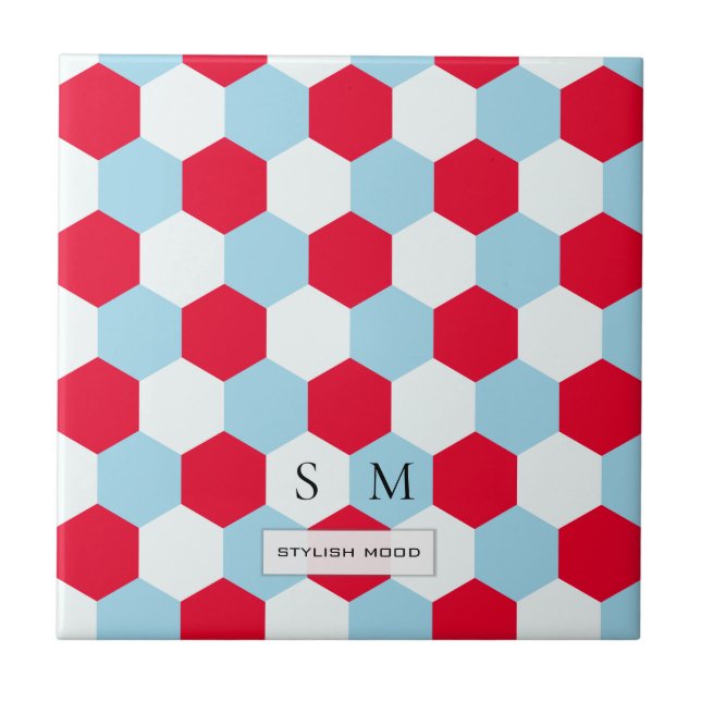 Röd, vit och blå Hexagons Monogram Kakelplatta (Framsidan)