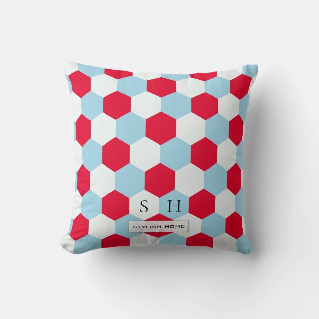 Röd, vit och blå Hexagons Monogram Kudde (Framsida)