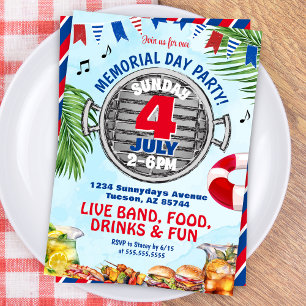 Röd Vit och Blå Minnesdag Grillfest Poolparty Inbjudningar