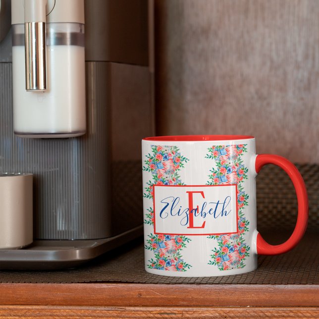Röd Vit Och Blå Namnmonogram 4 Juli Mugg (Skapare uppladdad)