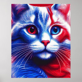 Röd vit och blå neonkatt med anerikanskt Flagga Poster