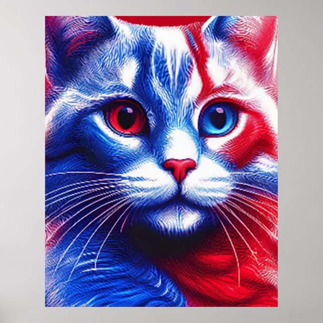 Röd vit och blå neonkatt med anerikanskt Flagga Poster (Framsidan)