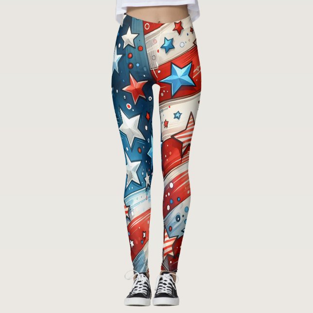 Röd, vit och blå | Patriotisk 4 juli Leggings (Framsida)