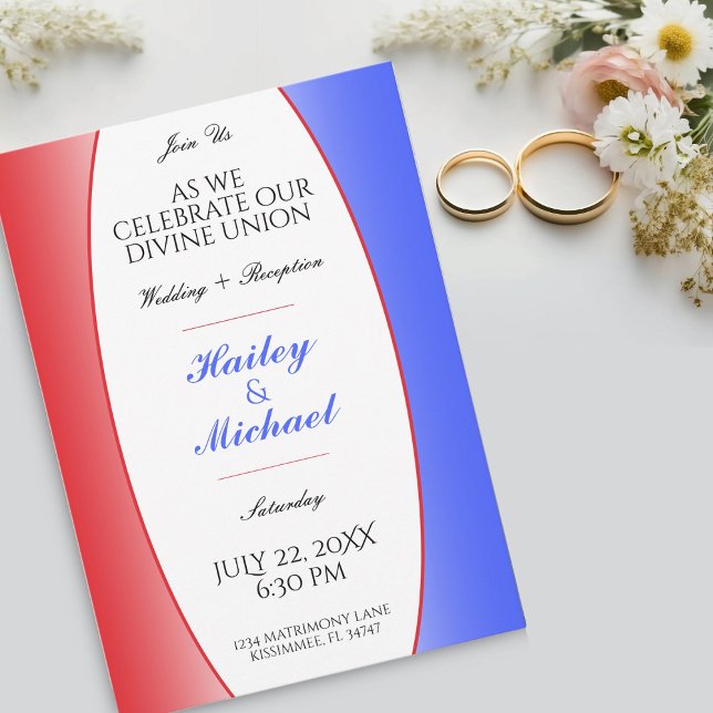Röd, vit och blå patriotisk USA amerikanska Bröllo Inbjudningar (Red, White & Blue Patriotic USA American Wedding Invitation)