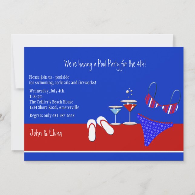 Röd, Vit och Blå Poolparty Inbjudan (Framsida)