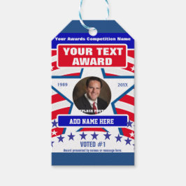 Röd, vit och blå presentetikett