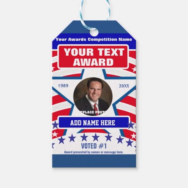 Röd, vit och blå presentetikett (Framsidan)