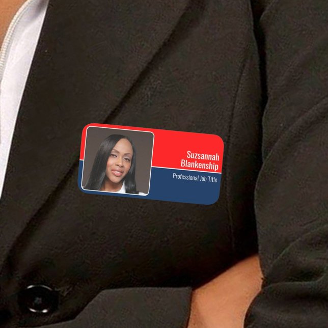 Röd, vit och blå professionell utbytbar foto namnbricka (custom photo name tag)