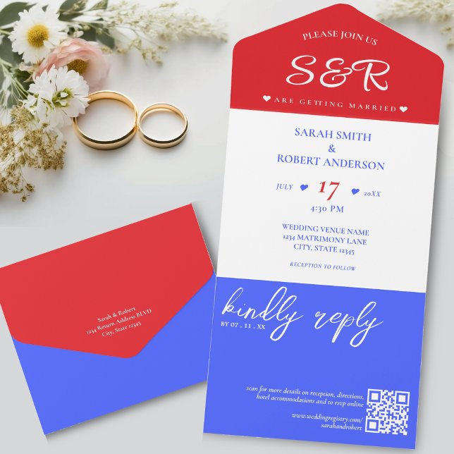 Röd vit och blå QR-kod Bröllop (Red White & Blue QR Code Wedding All In One Invitation)