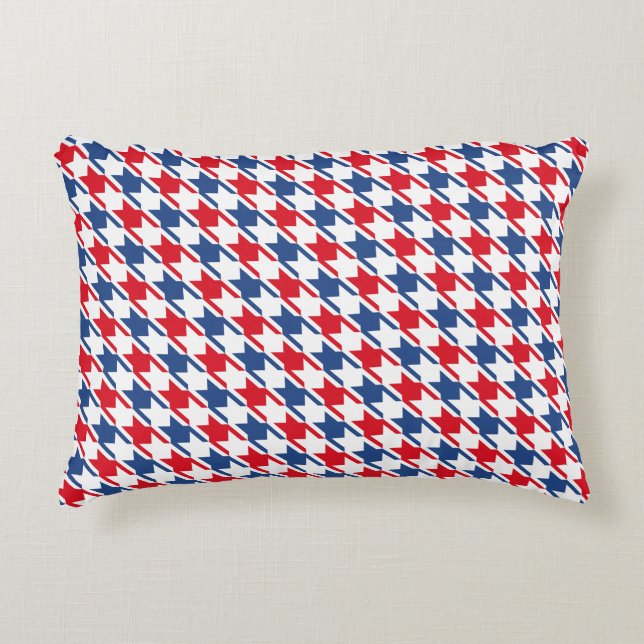 Röd vit och blå repeterande houndstooth Mönster Prydnadskudde (Framsidan)
