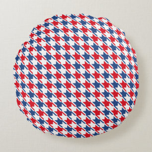 Röd vit och blå repeterande houndstooth Mönster Rund Kudde