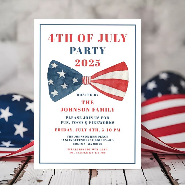 Röd, vit och blå slinga 4 juli inbjudningar (Red, White And Blue Bow 4th Of July Invitation)