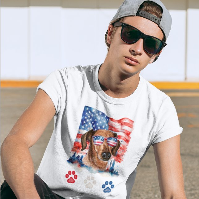 Röd Vit och Blå Söt Dachshund Hund 4:e Juli T Shirt (Skapare uppladdad)