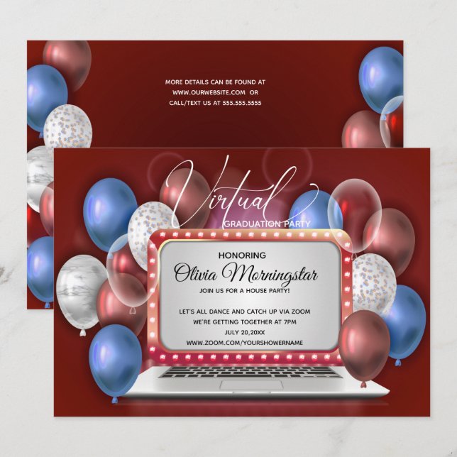Röd vit och blå Virtuell Studentfest för bärbara d Inbjudningar (Fram/baksida)