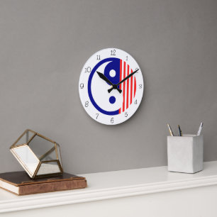 Röd, vit och blå Yin Yang Round Clock Rund Klocka