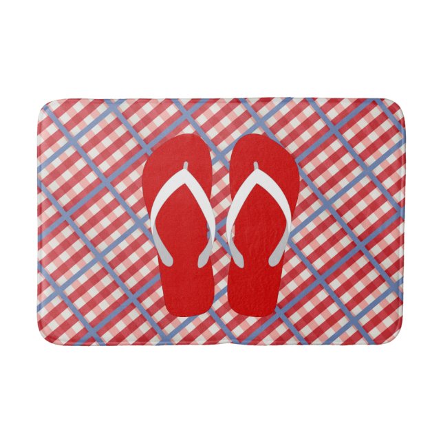 Röd, vit- och blåttpläd med flinflip flops badrumsmatta (Framsidan)