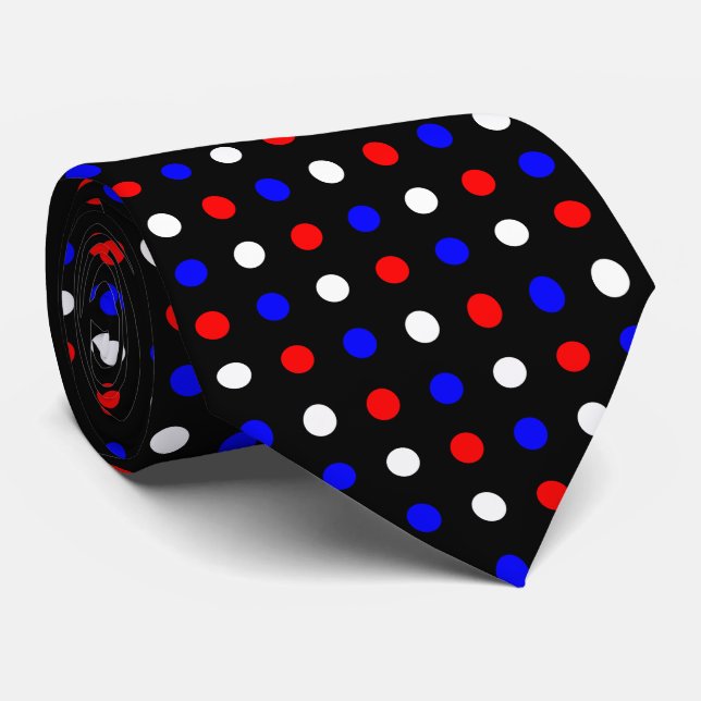 Röd vit- och blåttpolka dots på svart slips (Rullad)