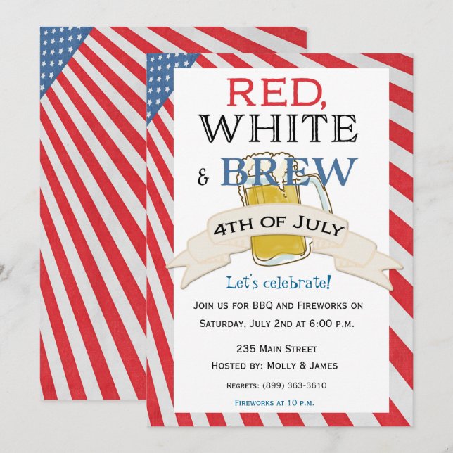 Röd vit och Brew Fjärde juli-inbjudan Inbjudningar (Fram/baksida)