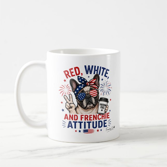 Röd Vit och Frenchie Attityd Patriotisk Kaffe  Kaffemugg (Vänster)