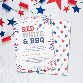 Röd vit och grillad 4:e juli patriotiska fyrverker inbjudningar