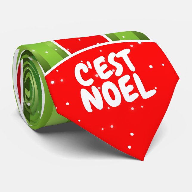 Röd Vit och Grön med C'est Noel Text på Slips (Rullad)