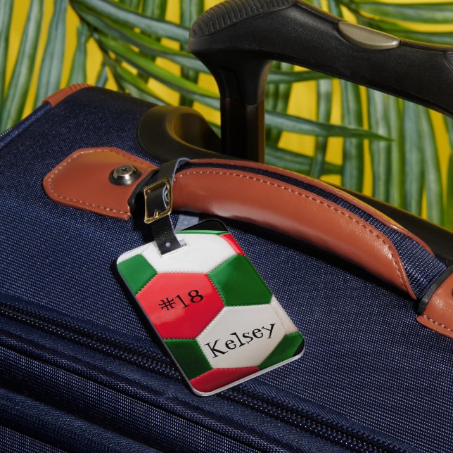 Röd vit och Grönt, fotbolls-Namn bricka Bagagebricka (Framsida Insitu 1)
