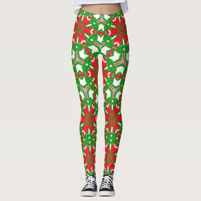 Röd, vit och Grönt Kaleidoscopes Leggings (Framsida)