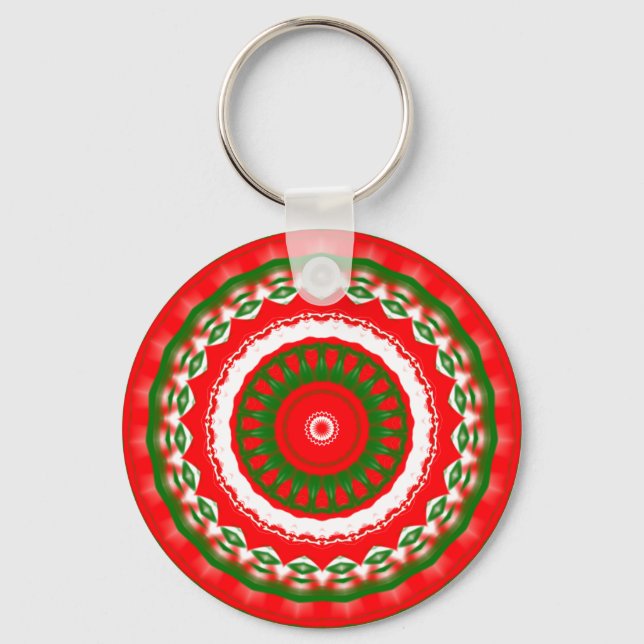 Röd, vit och Grönt Mandala Nyckelring (Framsida)
