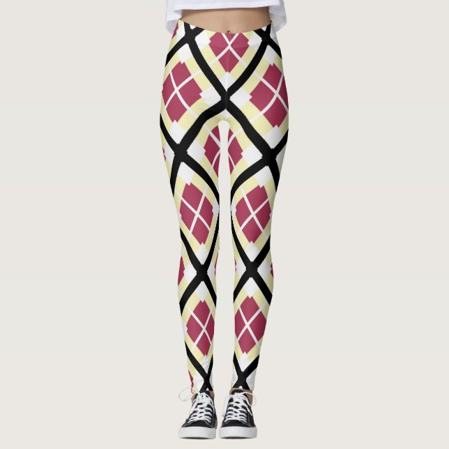 Röd vit och gul diamantgeometrisk mönster leggings (Framsida)