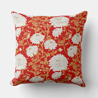 Röd Vit och Guld Japansk Krysantemum Blomma Kudde