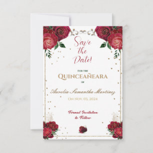 Röd, vit och Guld Quinceañera Spara datum Datumet