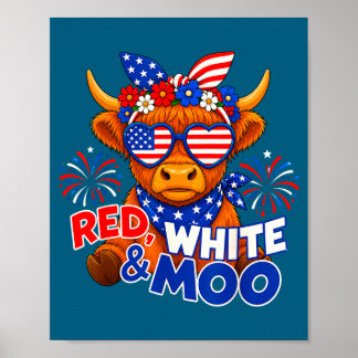 Röd vit och ko så kul patriotisk höglands ko usa poster