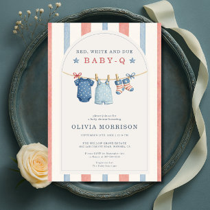 Röd Vit och Kommer Baby-Q Klädtorrline Baby Shower Inbjudningar