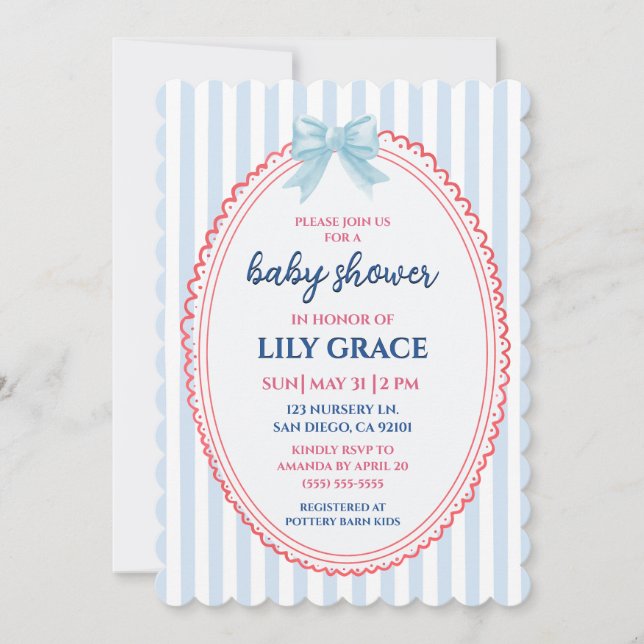 Röd Vit och Kommer Baby Shower Inbjudan (Framsida)