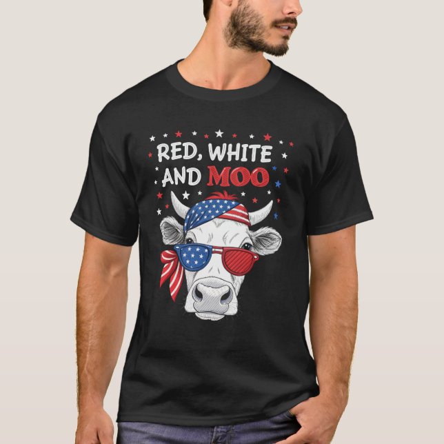Röd Vit och Muu Patriotisk Ko 4:e Juli T-shirt (Framsida)