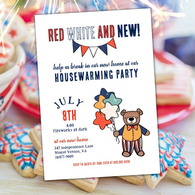 Röd, Vit och Ny |  Sommarhusets inflyttningsfest Inbjudningar (Red, White, and New!  Show Off Your New Home with this July Themed Housewarming Invitation)