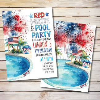 Röd, vit och poolparty Patriotisk födelsedag Inbjudningar