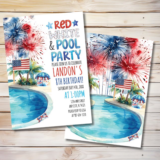 Röd, vit och poolparty Patriotisk födelsedag Inbjudningar (Skapare uppladdad)
