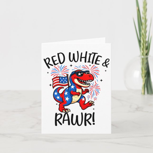 Röd Vit Och Rawr Rolig Dino T-rex Dinosaurus 4:e Kort (Framsida)